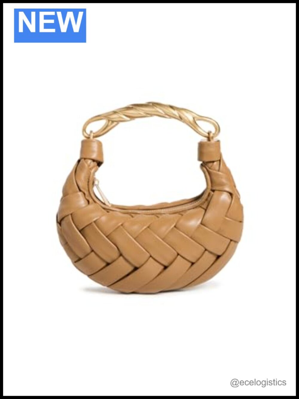 Faux Leather Woven Handbag with Gold-Tone Handle - Clutch
